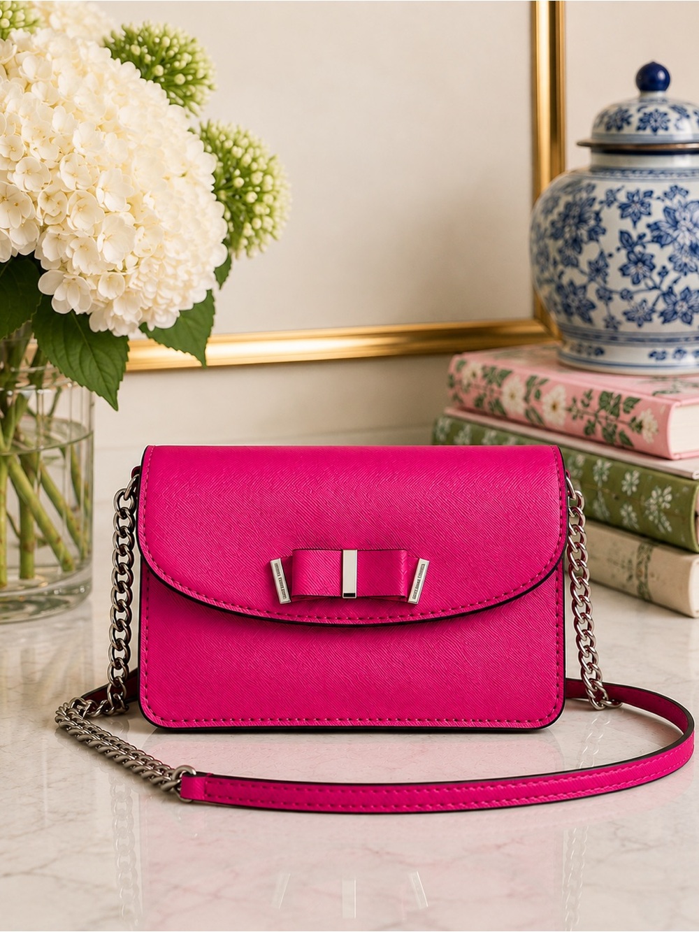 Michael Kors Kiera Mini Saffiano Leather Bow Crossbody Hot Pink